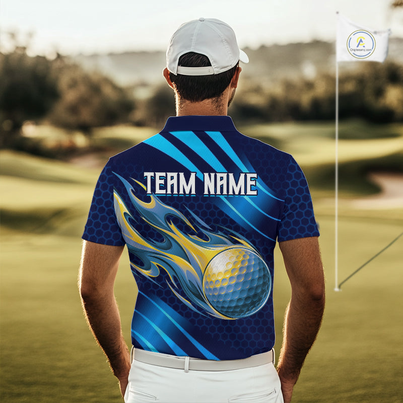 Custom Blue Flame Golf Ball Mens Golf Polo Shirts, Personalized Golf Team Jerseys, Golf Outfits NBT1014