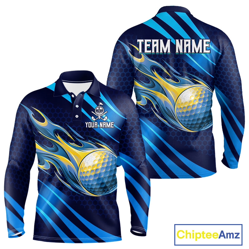 Custom Blue Flame Golf Ball Mens Golf Polo Shirts, Personalized Golf Team Jerseys, Golf Outfits NBT1014