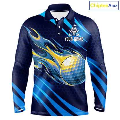Custom Blue Flame Golf Ball Mens Golf Polo Shirts, Personalized Golf Team Jerseys, Golf Outfits NBT1014