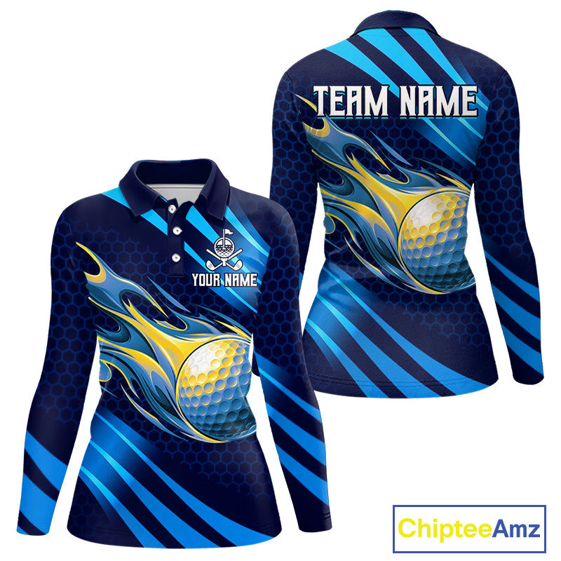Custom Blue Flame Golf Ball Womens Golf Polo Shirts, Personalized Golf Team Jerseys, Golf Outfits NBT1014