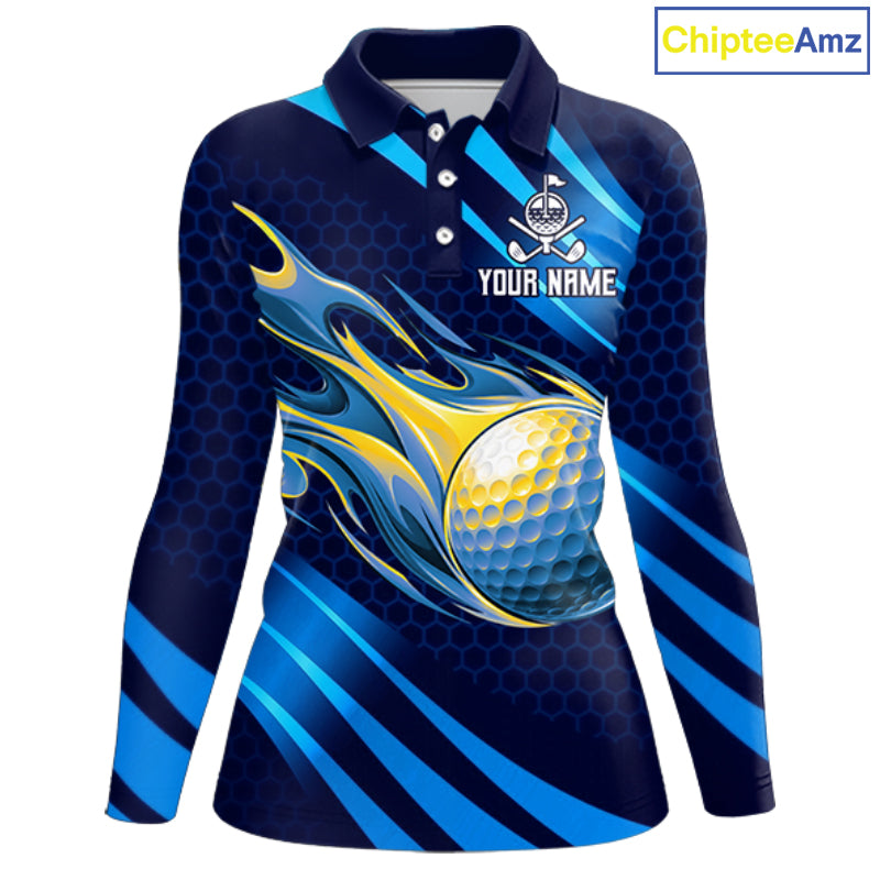 Custom Blue Flame Golf Ball Womens Golf Polo Shirts, Personalized Golf Team Jerseys, Golf Outfits NBT1014