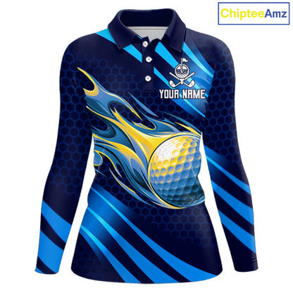 Custom Blue Flame Golf Ball Womens Golf Polo Shirts, Personalized Golf Team Jerseys, Golf Outfits NBT1014