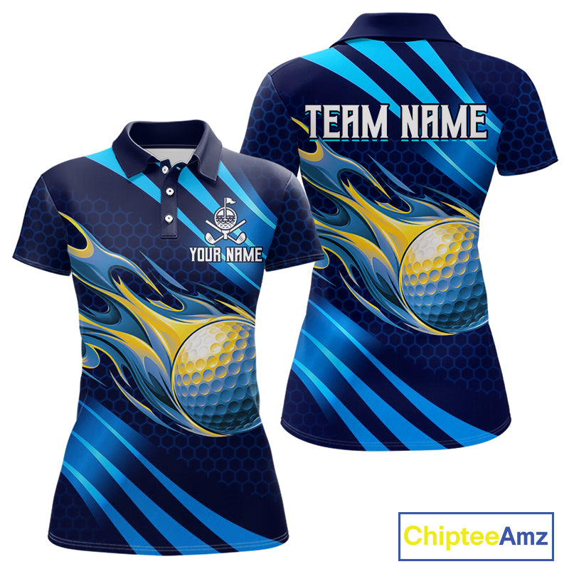 Custom Blue Flame Golf Ball Womens Golf Polo Shirts, Personalized Golf Team Jerseys, Golf Outfits NBT1014