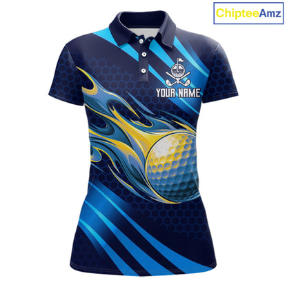 Custom Blue Flame Golf Ball Womens Golf Polo Shirts, Personalized Golf Team Jerseys, Golf Outfits NBT1014