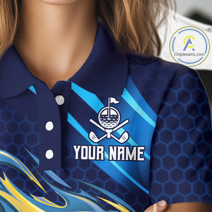 Custom Blue Flame Golf Ball Womens Golf Polo Shirts, Personalized Golf Team Jerseys, Golf Outfits NBT1014