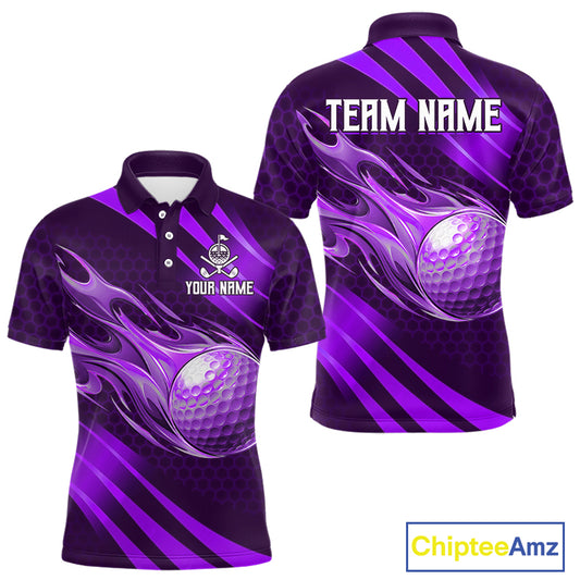 Custom Purple Flame Golf Ball Mens Golf Polo Shirts, Personalized Golf Team Jerseys, Golf Outfits NBT1015