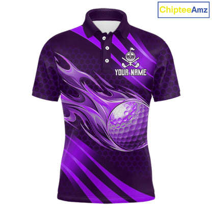Custom Purple Flame Golf Ball Mens Golf Polo Shirts, Personalized Golf Team Jerseys, Golf Outfits NBT1015
