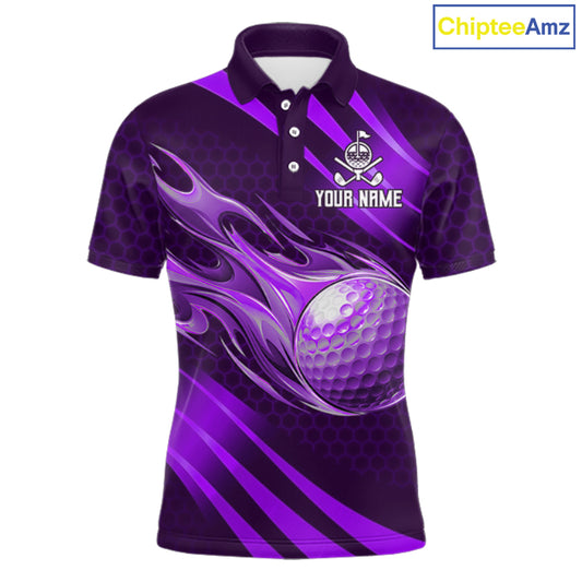 Custom Purple Flame Golf Ball Mens Golf Polo Shirts, Personalized Golf Team Jerseys, Golf Outfits NBT1015