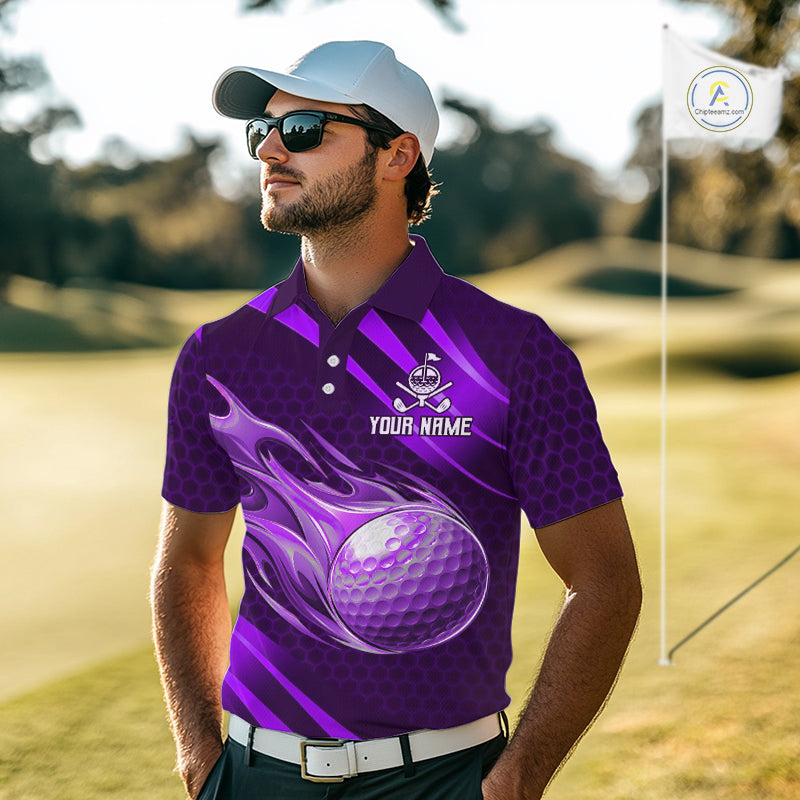 Custom Purple Flame Golf Ball Mens Golf Polo Shirts, Personalized Golf Team Jerseys, Golf Outfits NBT1015