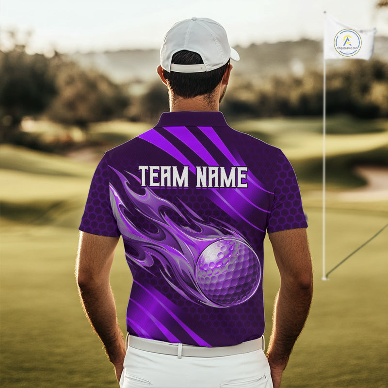 Custom Purple Flame Golf Ball Mens Golf Polo Shirts, Personalized Golf Team Jerseys, Golf Outfits NBT1015