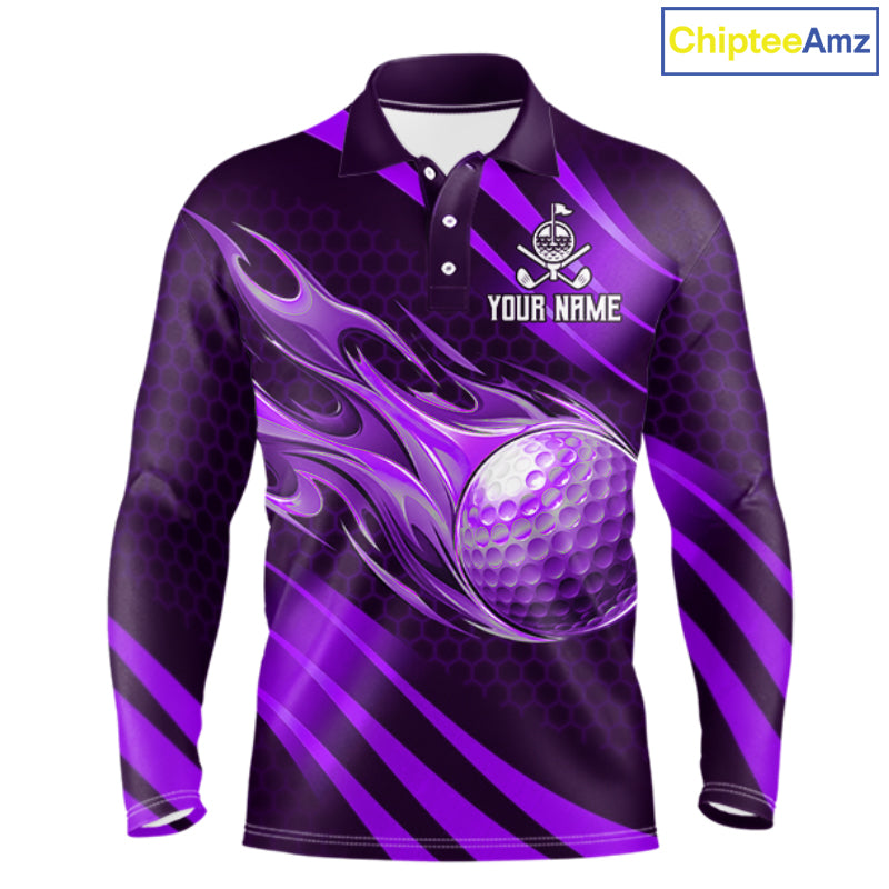 Custom Purple Flame Golf Ball Mens Golf Polo Shirts, Personalized Golf Team Jerseys, Golf Outfits NBT1015