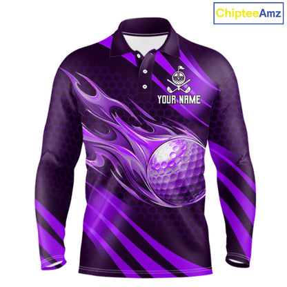 Custom Purple Flame Golf Ball Mens Golf Polo Shirts, Personalized Golf Team Jerseys, Golf Outfits NBT1015