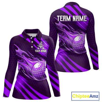 Custom Purple Flame Golf Ball Womens Golf Polo Shirts, Personalized Golf Team Jerseys, Golf Outfits NBT1015