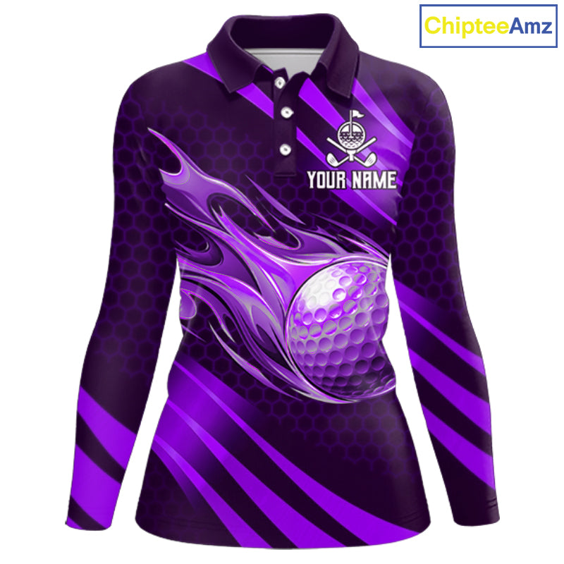 Custom Purple Flame Golf Ball Womens Golf Polo Shirts, Personalized Golf Team Jerseys, Golf Outfits NBT1015