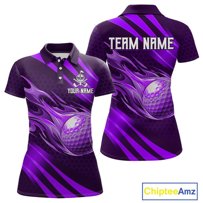 Custom Purple Flame Golf Ball Womens Golf Polo Shirts, Personalized Golf Team Jerseys, Golf Outfits NBT1015
