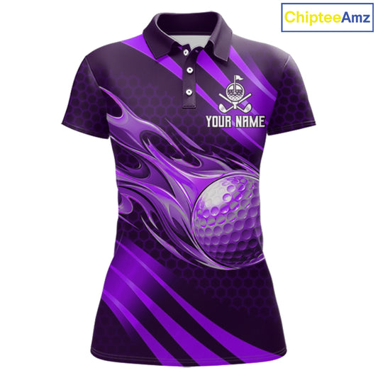 Custom Purple Flame Golf Ball Womens Golf Polo Shirts, Personalized Golf Team Jerseys, Golf Outfits NBT1015