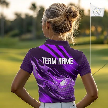 Custom Purple Flame Golf Ball Womens Golf Polo Shirts, Personalized Golf Team Jerseys, Golf Outfits NBT1015