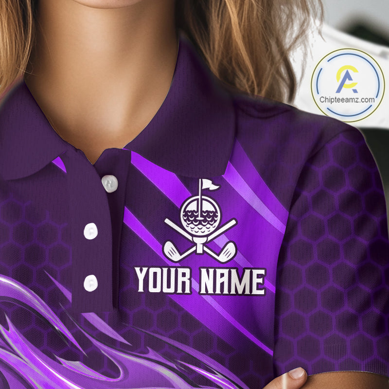 Custom Purple Flame Golf Ball Womens Golf Polo Shirts, Personalized Golf Team Jerseys, Golf Outfits NBT1015