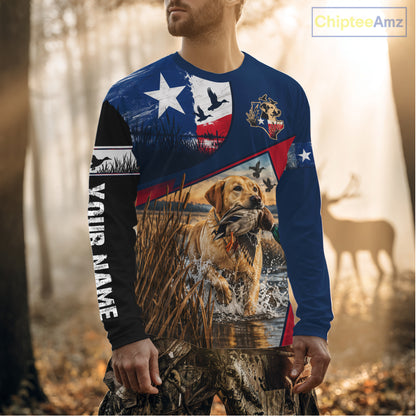 Custom Yellow Lab Retriever Duck Hunting Waterfowl Camo Texas Flag Custom Hunting Shirts NBT1228