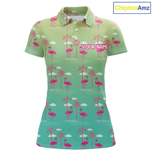 Pink Flamingo Palm Tree Womens Golf Polo Shirt, Tropical Golf Shirt, Cute Flamingo Print Summer Polo NBT538