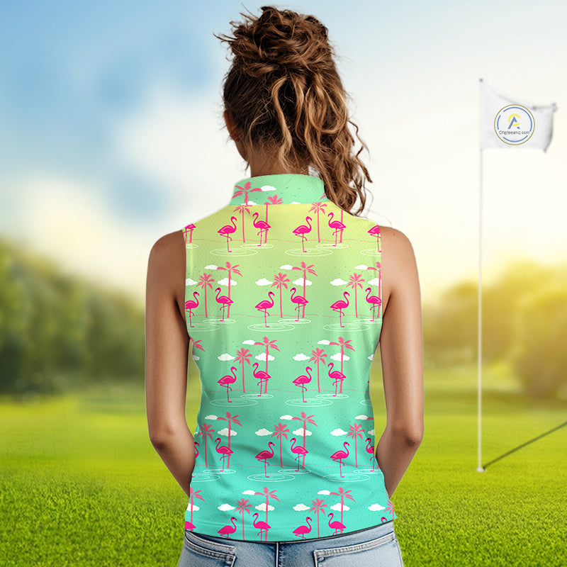 Pink Flamingo Palm Tree Womens Sleeveless Golf Polo Shirt, Tropical Golf Shirt, Cute Flamingo Print Summer Polo NBT538