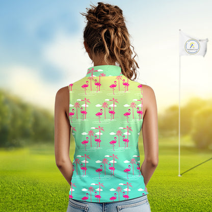 Pink Flamingo Palm Tree Womens Sleeveless Golf Polo Shirt, Tropical Golf Shirt, Cute Flamingo Print Summer Polo NBT538