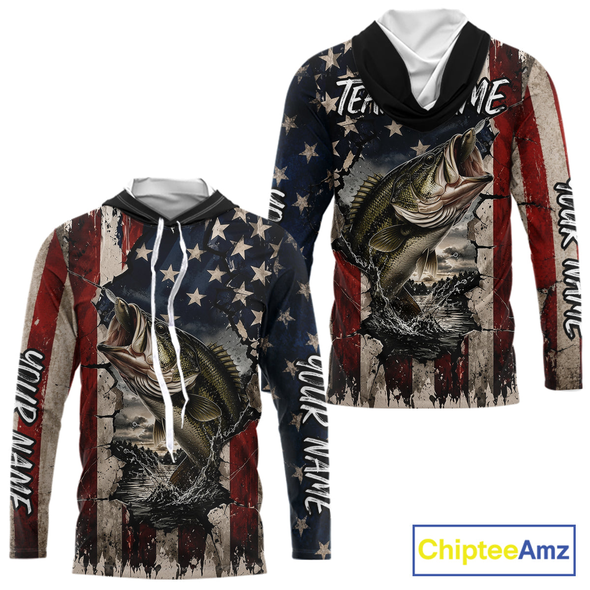 Bass Fishing 3D American Flag Patriotic Shirts Customize Hooded Bass Fishing Jerseys, Sun Protection Shirts NBT939
