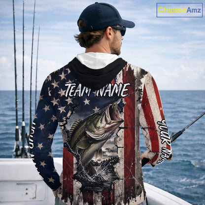 Bass Fishing 3D American Flag Patriotic Shirts Customize Hooded Bass Fishing Jerseys, Sun Protection Shirts NBT939