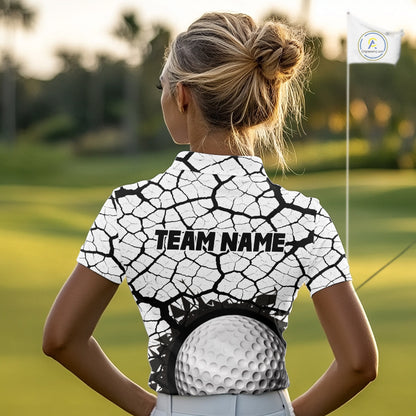 Golf Ball Breaking Polo Shirt, Black And White Cracking Pattern Polo Shirt, Best Golf Gift For Women NBT542