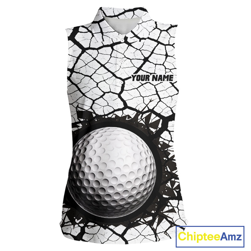 Golf Ball Breaking Sleeveless Polo Shirt, Black And White Cracking Pattern Polo Shirt, Best Golf Gift For Women NBT542