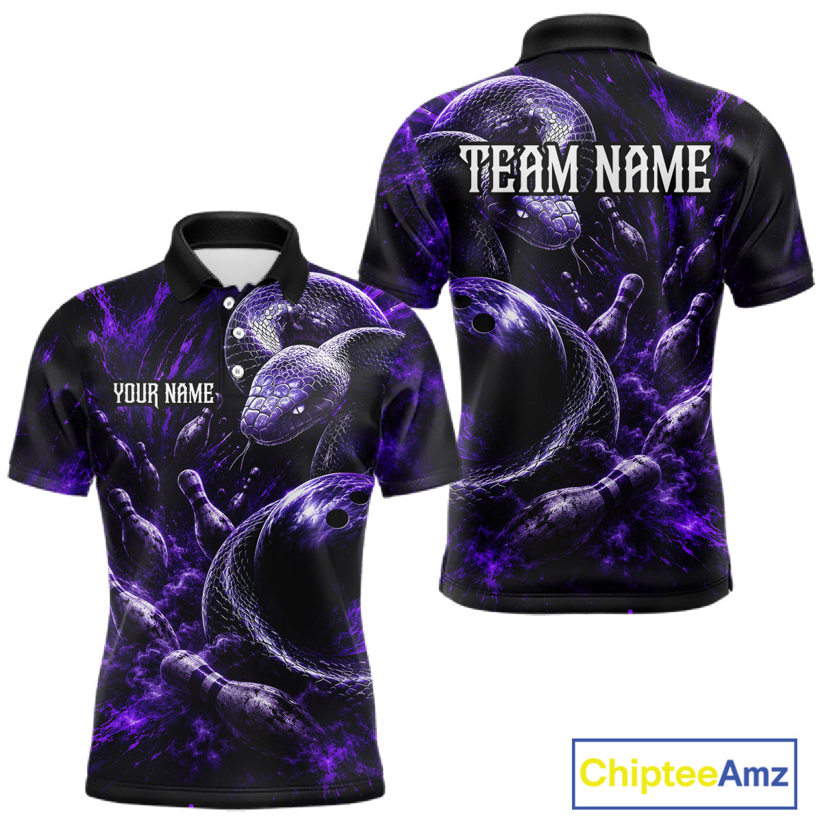 Custom Black And Purple Flame Snake Bowling Men Polo Shirts, Bowling League Team Shirt NBT1021