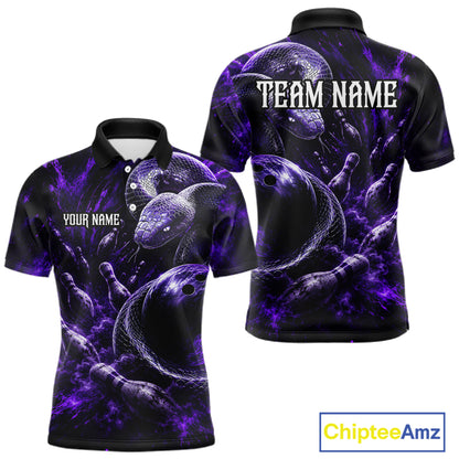 Custom Black And Purple Flame Snake Bowling Men Polo Shirts, Bowling League Team Shirt NBT1021