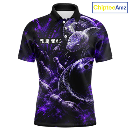 Custom Black And Purple Flame Snake Bowling Men Polo Shirts, Bowling League Team Shirt NBT1021
