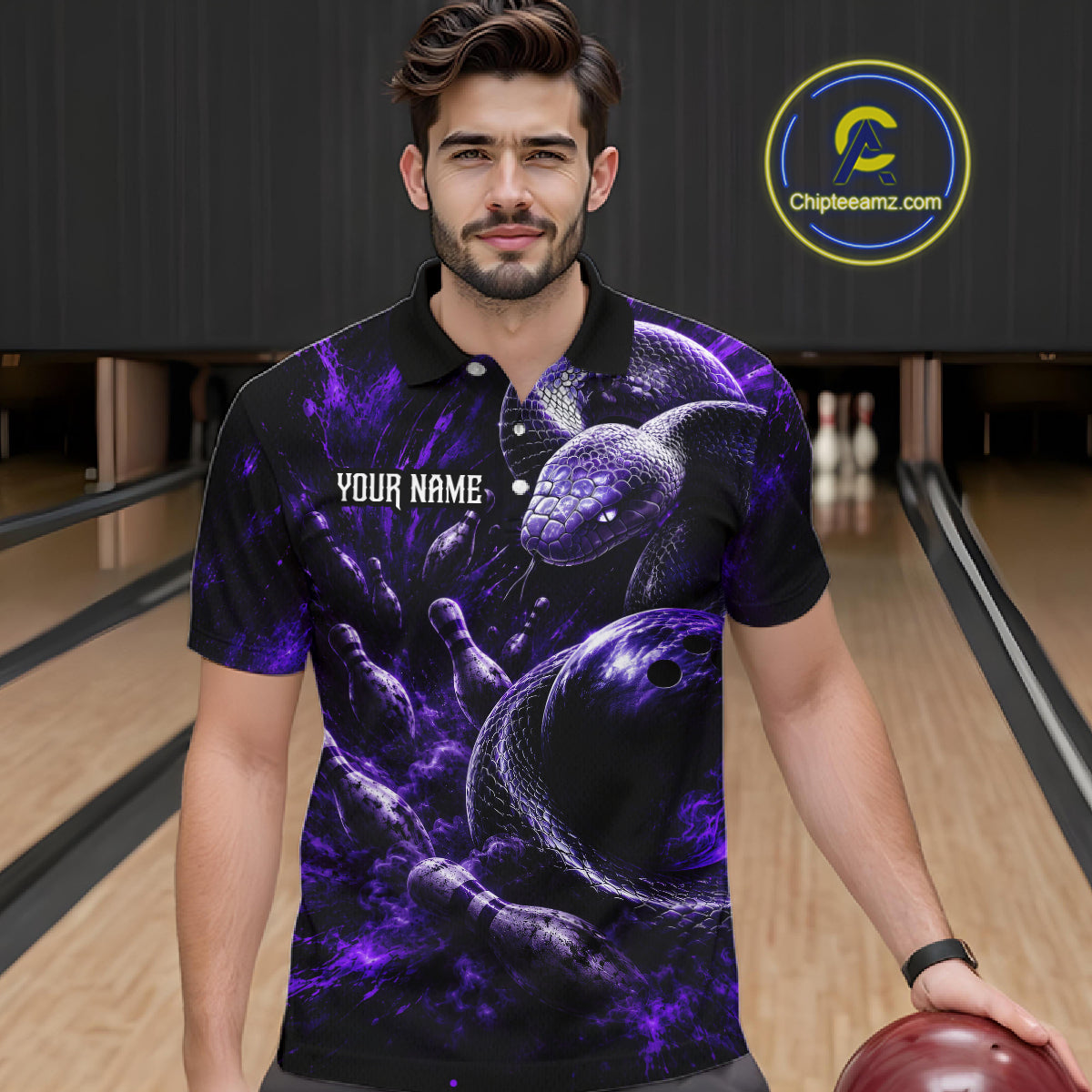 Custom Black And Purple Flame Snake Bowling Men Polo Shirts, Bowling League Team Shirt NBT1021