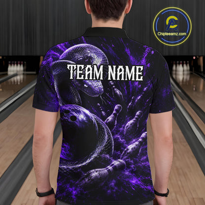 Custom Black And Purple Flame Snake Bowling Men Polo Shirts, Bowling League Team Shirt NBT1021