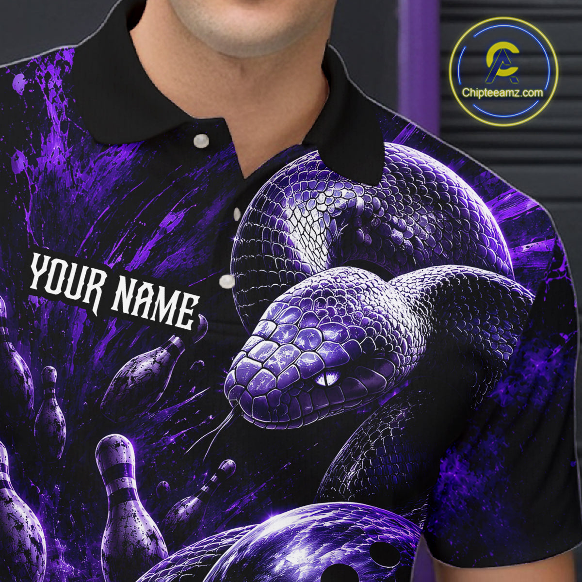 Custom Black And Purple Flame Snake Bowling Men Polo Shirts, Bowling League Team Shirt NBT1021