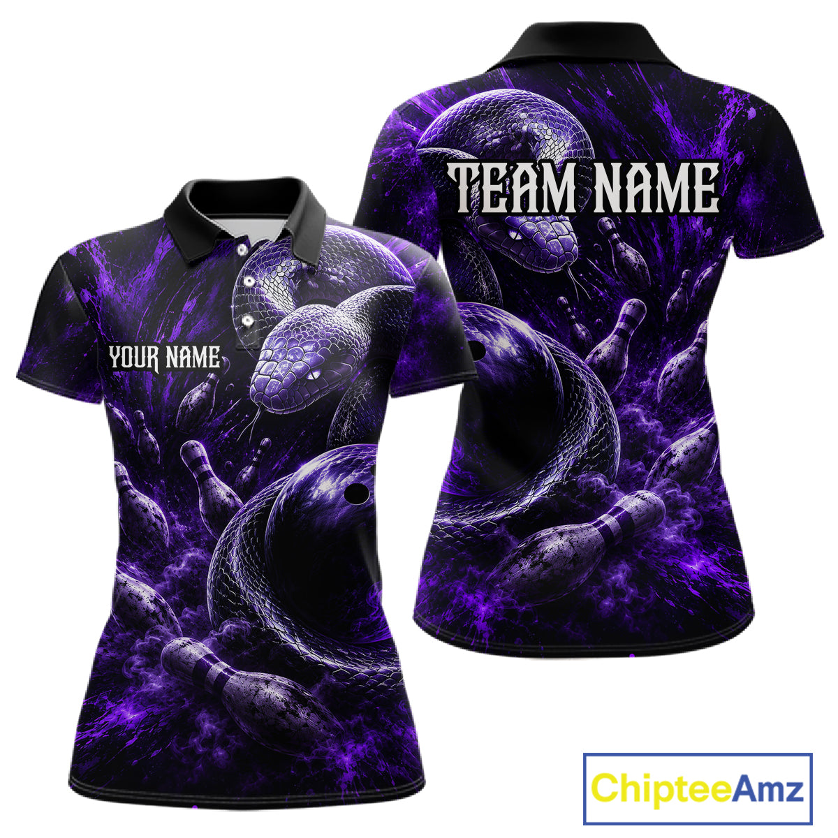 Custom Black And Purple Flame Snake Bowling Women Polo Shirts, Bowling League Team Shirt NBT1021