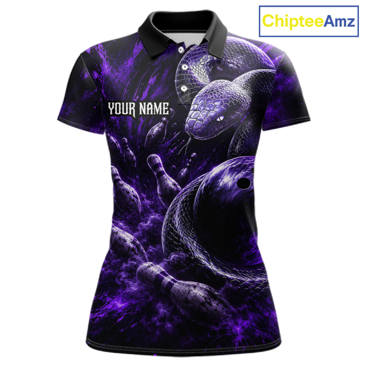 Custom Black And Purple Flame Snake Bowling Women Polo Shirts, Bowling League Team Shirt NBT1021