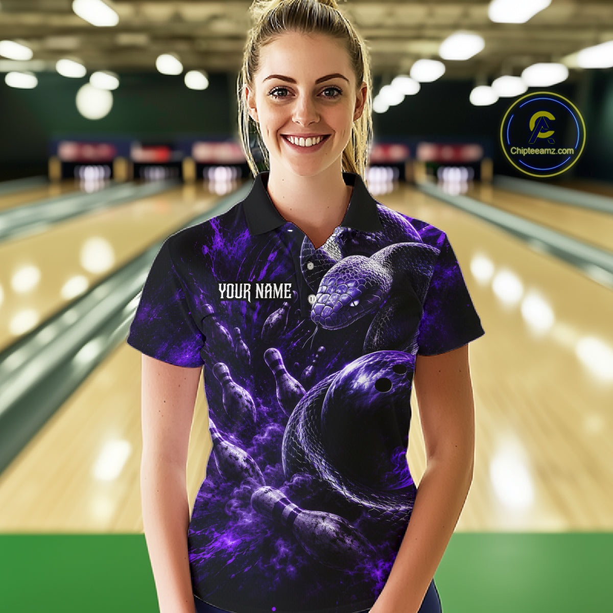 Custom Black And Purple Flame Snake Bowling Women Polo Shirts, Bowling League Team Shirt NBT1021