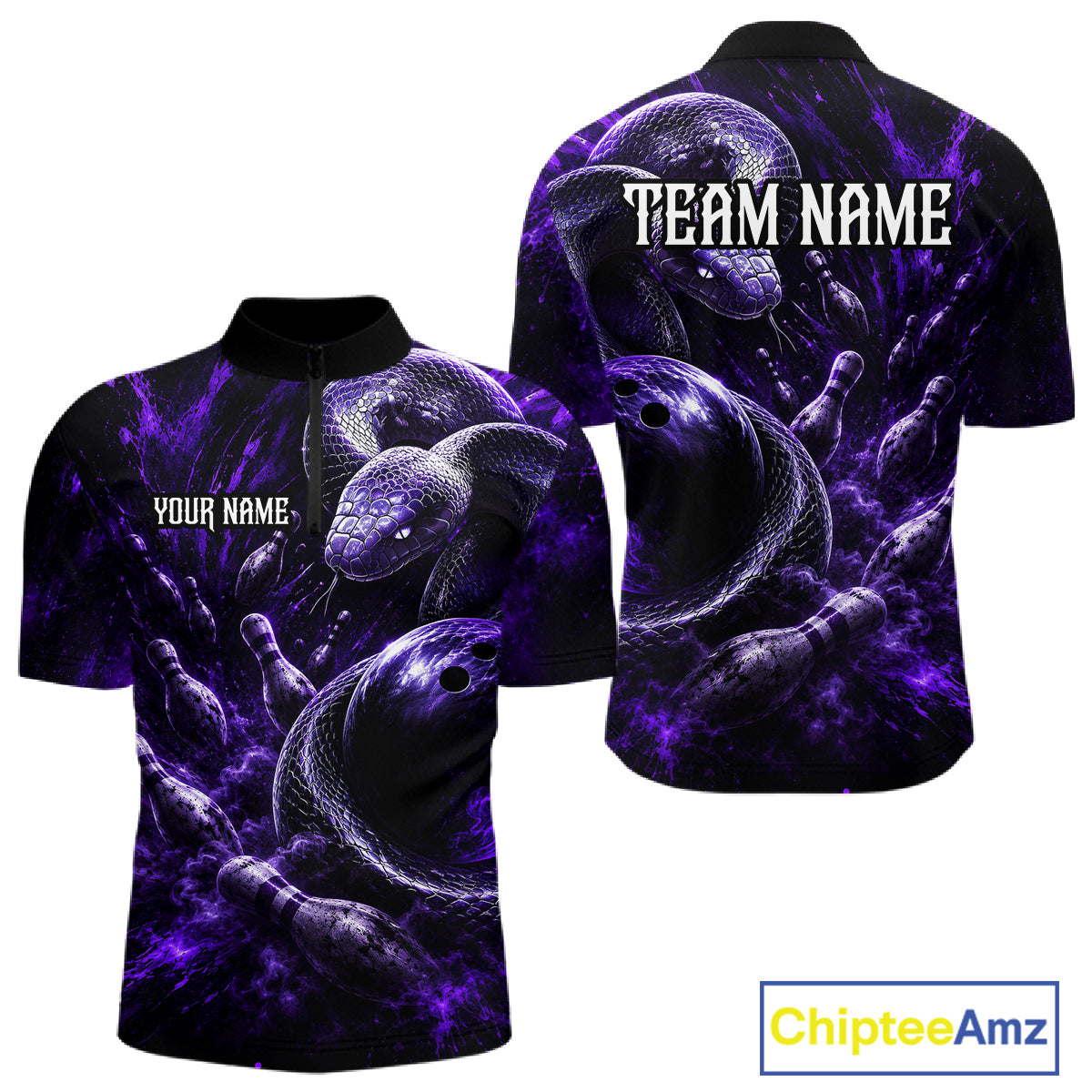 Custom Black And Purple Flame Snake Bowling Men Polo Shirts, Bowling League Team Shirt NBT1021