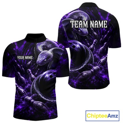Custom Black And Purple Flame Snake Bowling Men Polo Shirts, Bowling League Team Shirt NBT1021