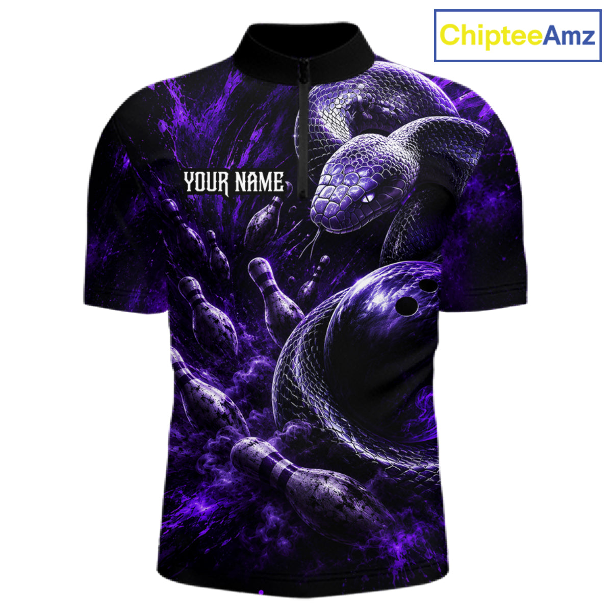 Custom Black And Purple Flame Snake Bowling Men Polo Shirts, Bowling League Team Shirt NBT1021