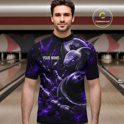 Custom Black And Purple Flame Snake Bowling Men Polo Shirts, Bowling League Team Shirt NBT1021