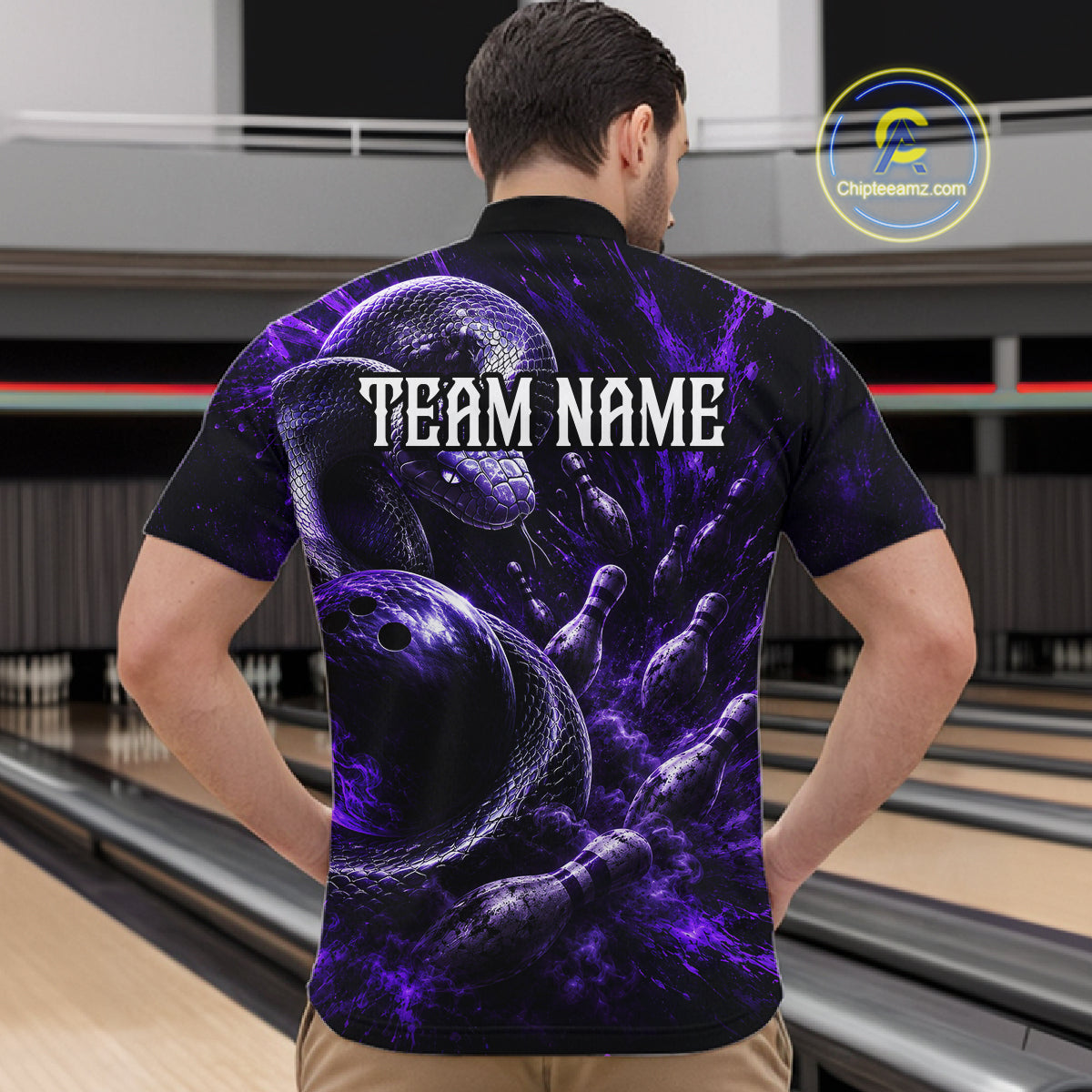 Custom Black And Purple Flame Snake Bowling Men Polo Shirts, Bowling League Team Shirt NBT1021