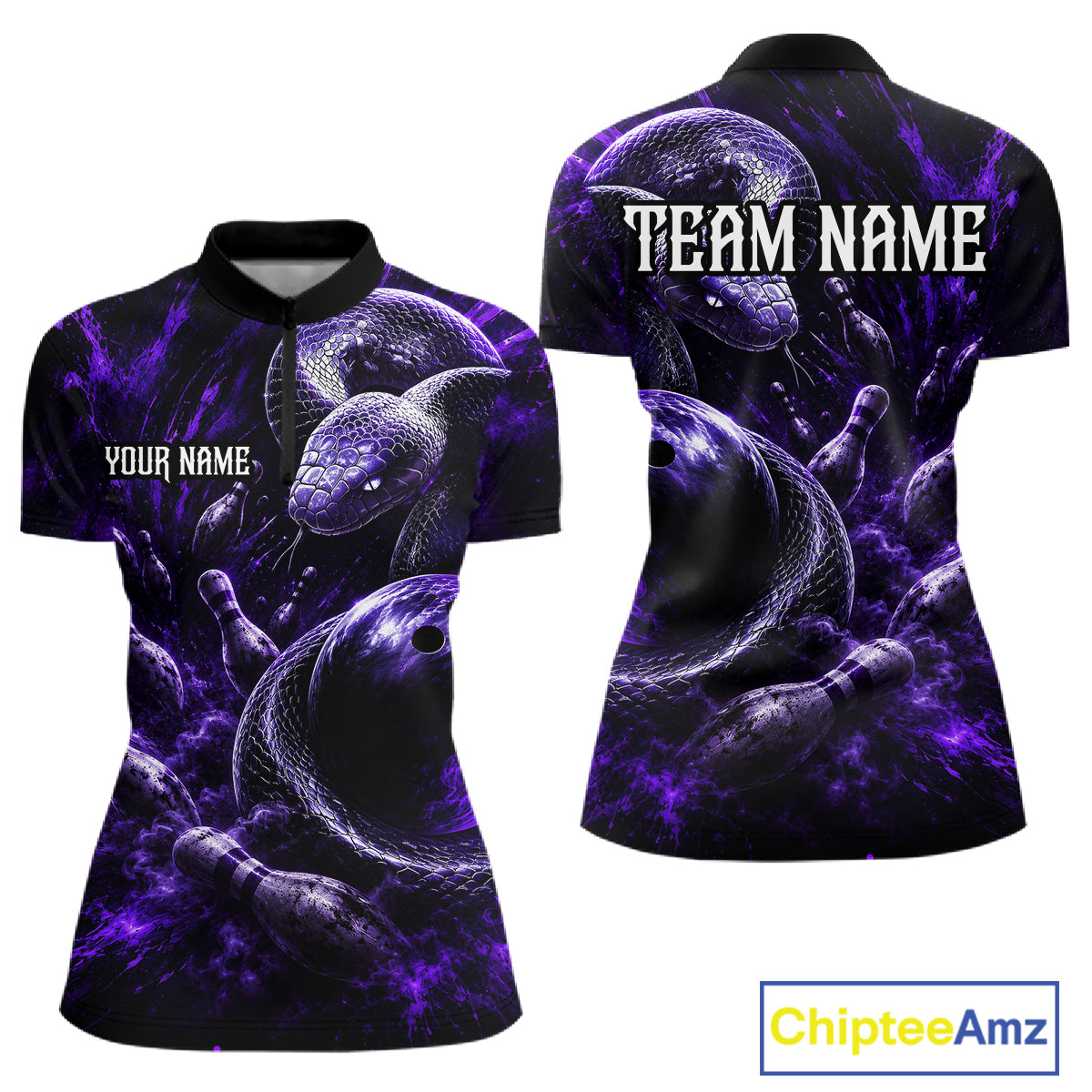 Custom Black And Purple Flame Snake Bowling Women Polo Shirts, Bowling League Team Shirt NBT1021