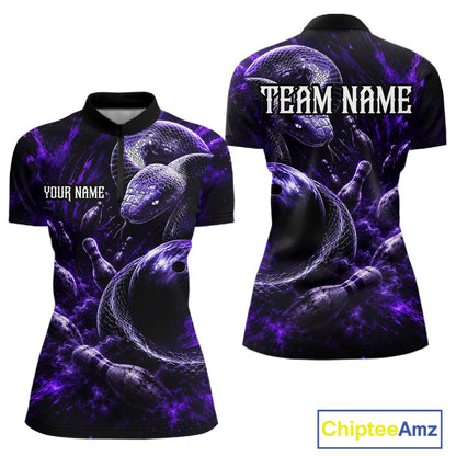 Custom Black And Purple Flame Snake Bowling Women Polo Shirts, Bowling League Team Shirt NBT1021