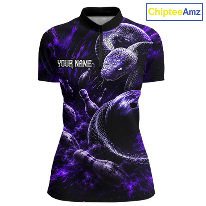 Custom Black And Purple Flame Snake Bowling Women Polo Shirts, Bowling League Team Shirt NBT1021