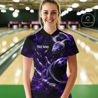 Custom Black And Purple Flame Snake Bowling Women Polo Shirts, Bowling League Team Shirt NBT1021