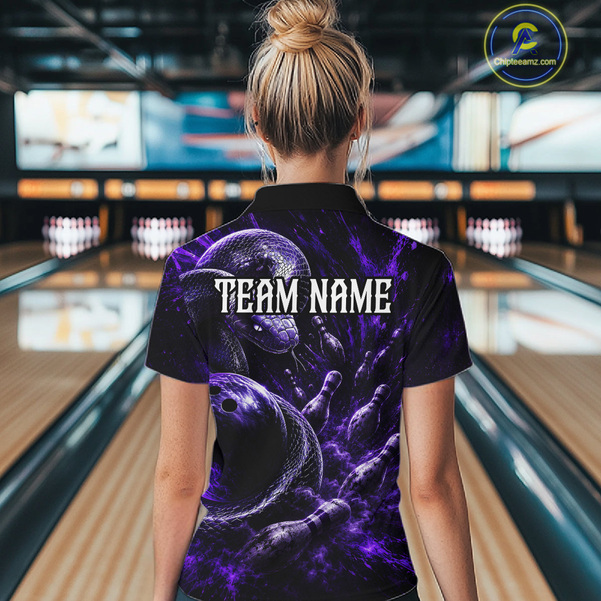 Custom Black And Purple Flame Snake Bowling Women Polo Shirts, Bowling League Team Shirt NBT1021