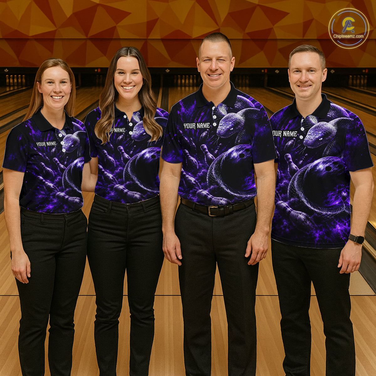 Custom Black And Purple Flame Snake Bowling Men Polo Shirts, Bowling League Team Shirt NBT1021